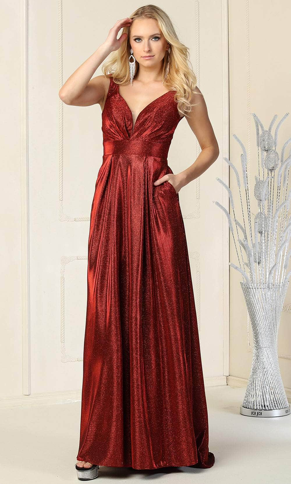 May Queen MQ1875 - Glitter V-Neck Formal Gown Special Occasion Dress 4 / Burgundy