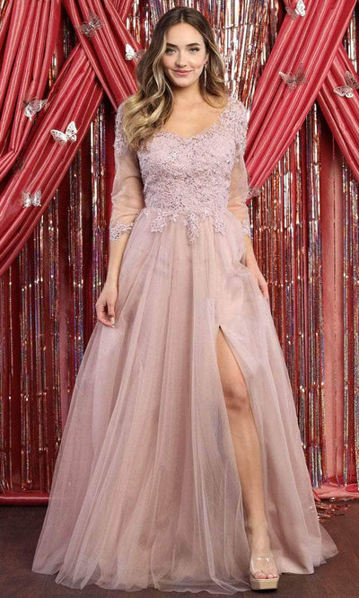 May Queen MQ1880 - Embroidered V-Neck A-Line Formal Gown Prom Dresses S / Mauve