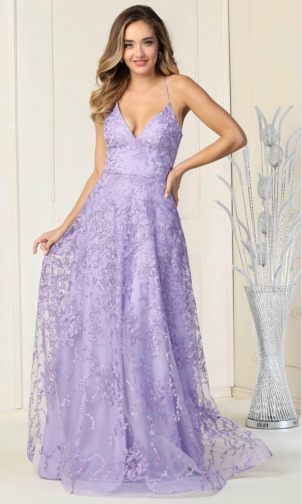 May Queen MQ1885 - V Neck Lace-Up Back Bridal Gown In Purple
