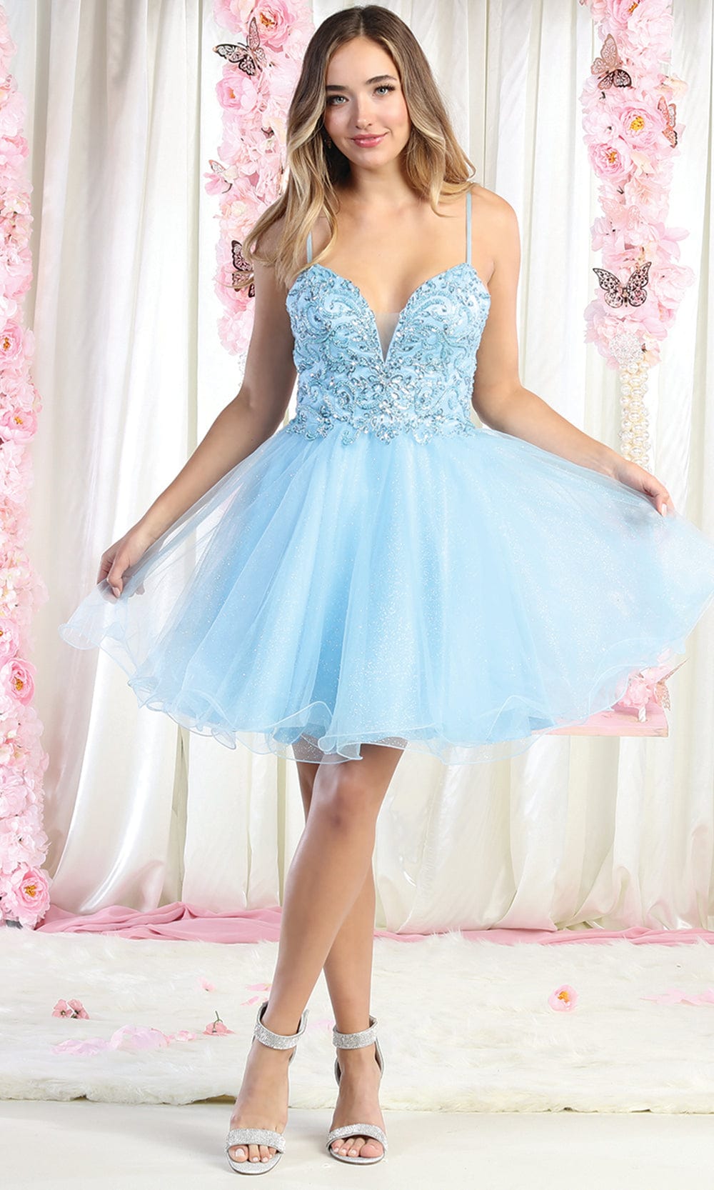 May Queen MQ1888 - Beaded Bodice Cocktail Dress Special Occasion Dress 2 / Baby Blue