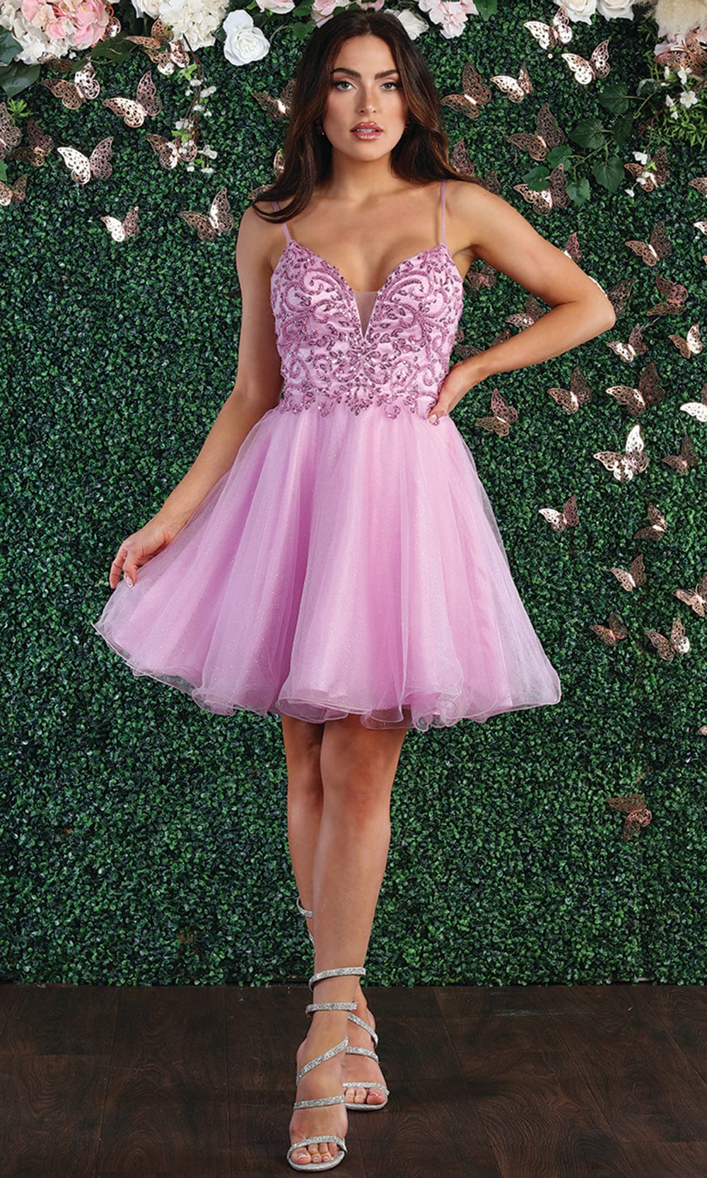 May Queen MQ1888 - Beaded Bodice Cocktail Dress Special Occasion Dress 2 / Pink