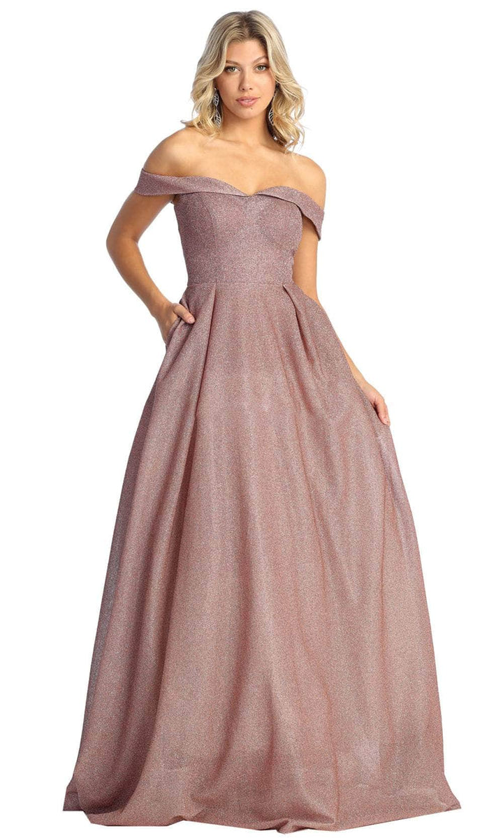 May Queen - Off Shoulder A-Line Prom Gown MQ1915 In Pink