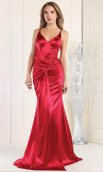 May Queen MQ1955 - V-Neck Wrap Sheath Evening Gown Prom Dresses 4 / Burgundy
