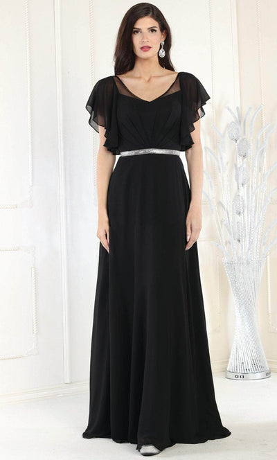 May Queen MQ1972 - Bell Sleeves V Neck A Line Dress Evening Dresses 6 / Black