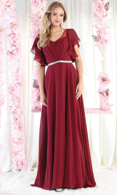 May Queen MQ1972 - Bell Sleeves V Neck A Line Dress Evening Dresses 6 / Burgundy