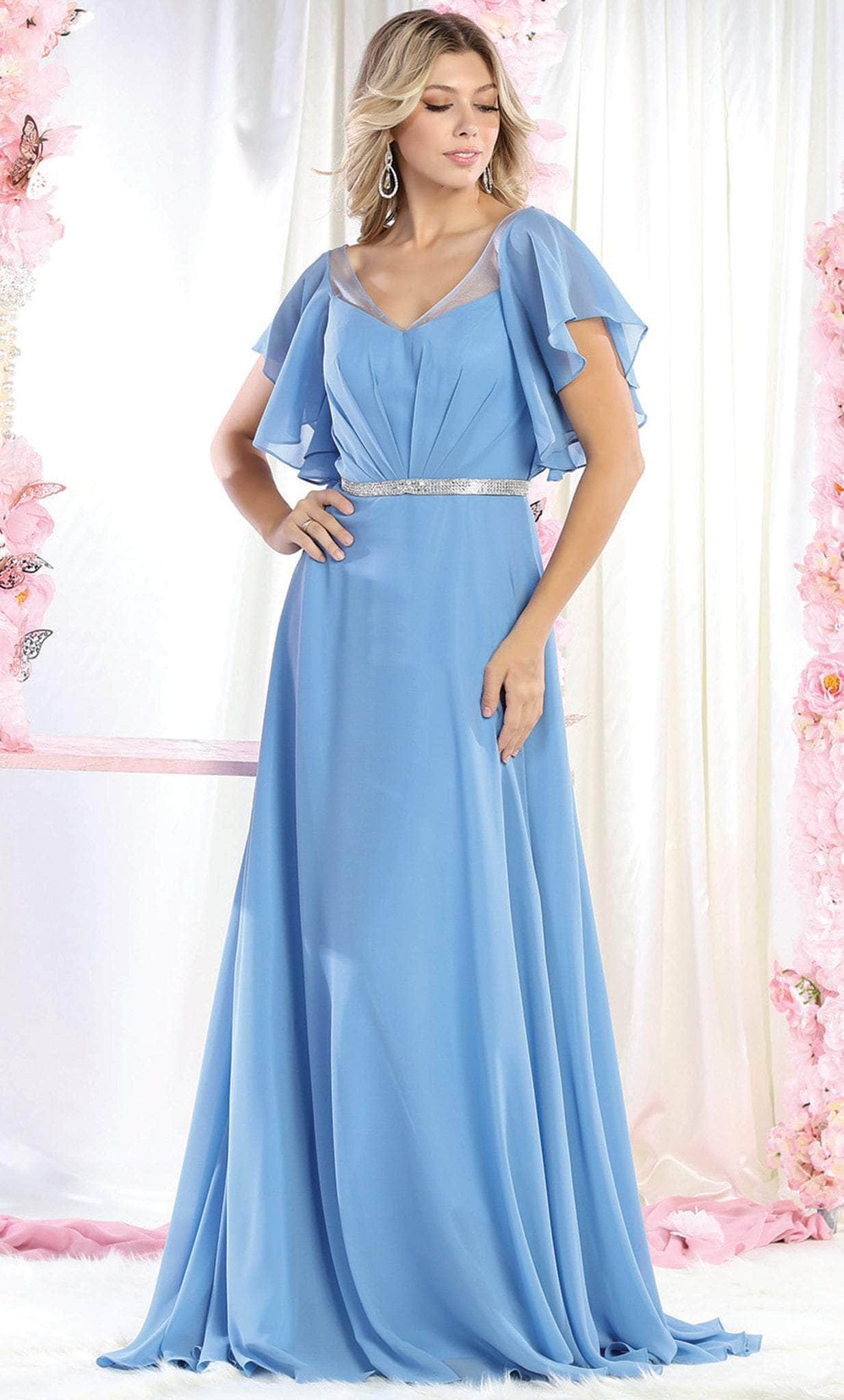 May Queen MQ1972 - Bell Sleeves V Neck A Line Dress Evening Dresses 6 / Dustyblue