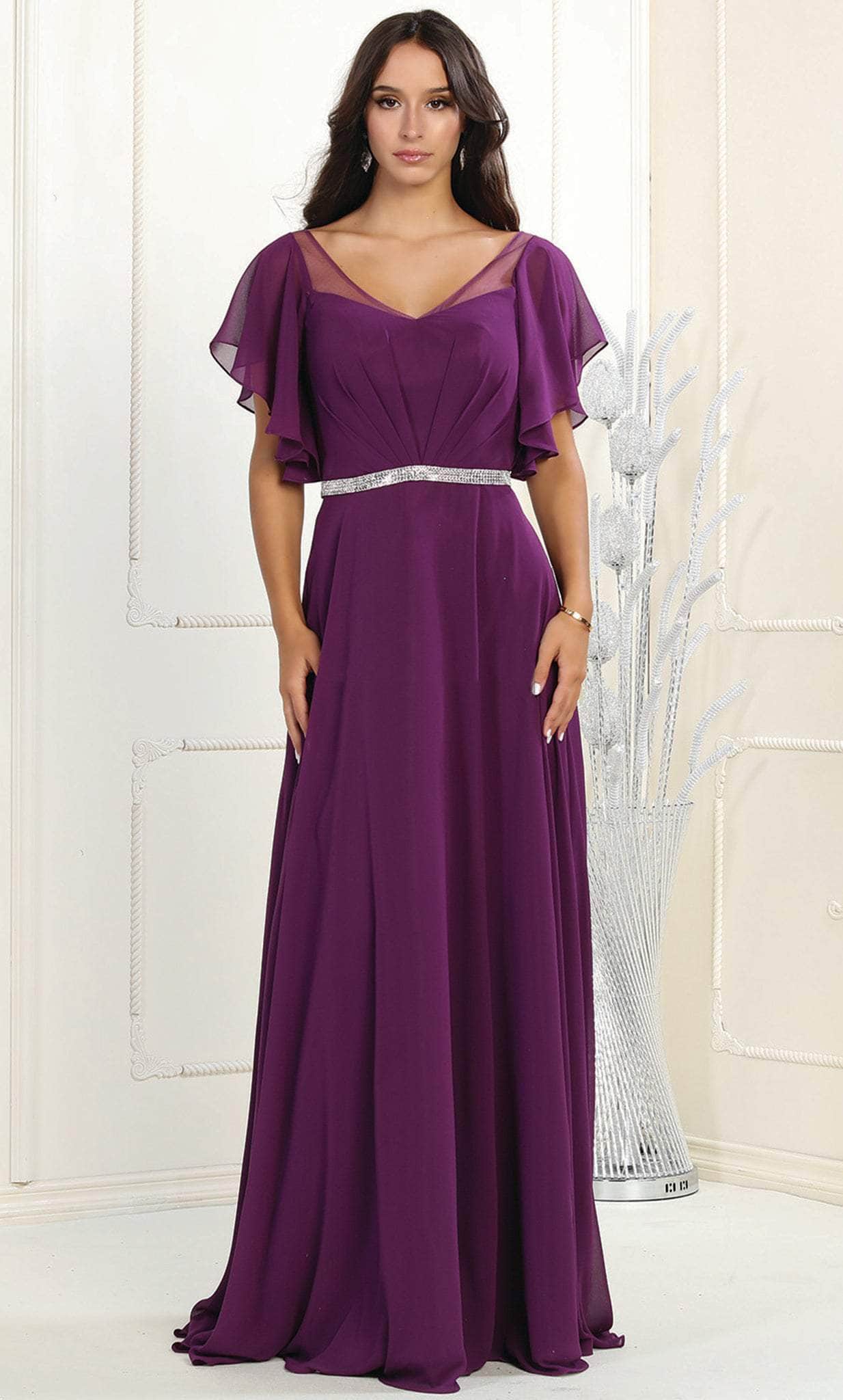 May Queen MQ1972 - Bell Sleeves V Neck A Line Dress Evening Dresses 6 / Eggplant
