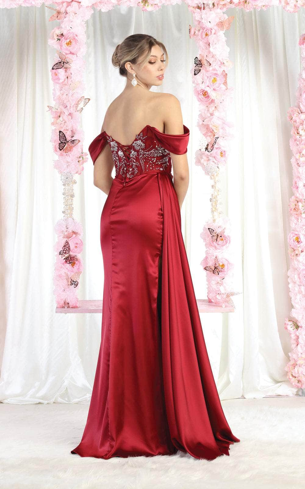 May Queen MQ1977 - Slit Satin Off Shoulder Dress Special Occasion Dress