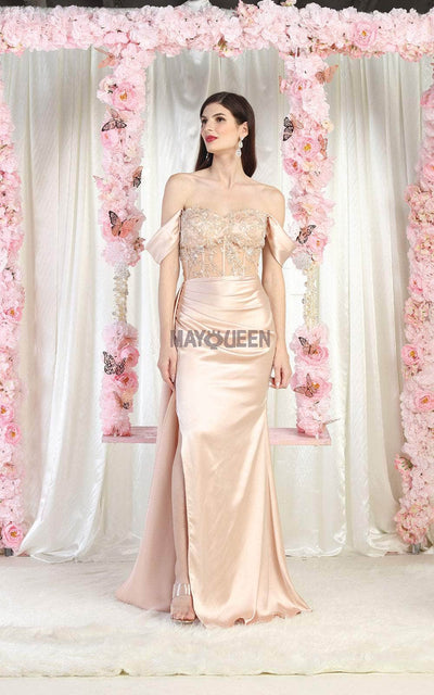 May Queen MQ1977 - Slit Satin Off Shoulder Dress Special Occasion Dress