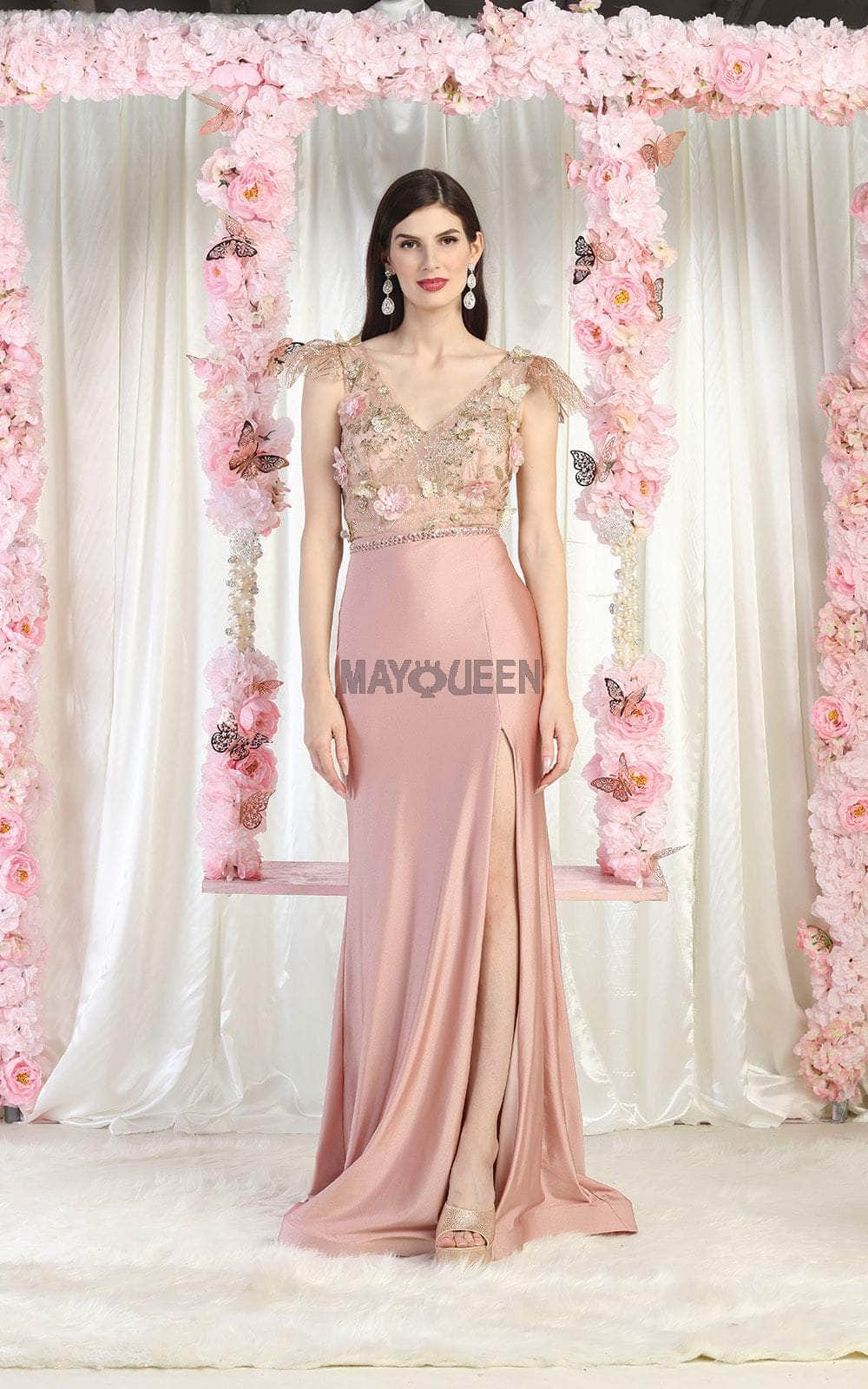 May Queen MQ1981 - 3D Floral V Neck Slit Gown Special Occasion Dress