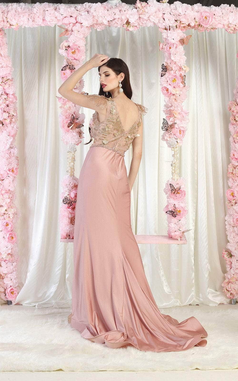 May Queen MQ1981 - 3D Floral V Neck Slit Gown Special Occasion Dress
