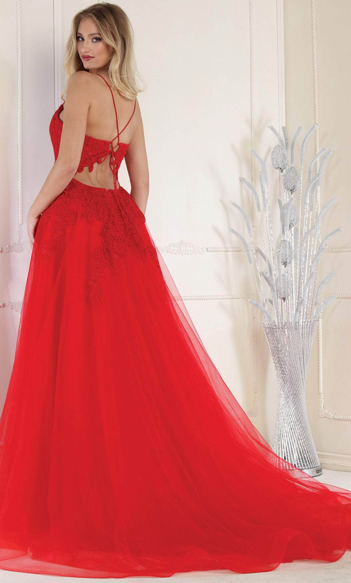May Queen MQ2013 - Long A-Line Dress - Spaghetti Straps, Lace Appliques, Rhinestones, Bandeau Strap, Diamond Cutout Back, High Slit, Sweep Train ADASA May Queen MQ2013 - Long A-Line Dress - Spaghetti Straps, Lace Appliques, Rhinestones, Bandeau Strap, Diamond Cutout Back, High Slit, Sweep Train ADASA
