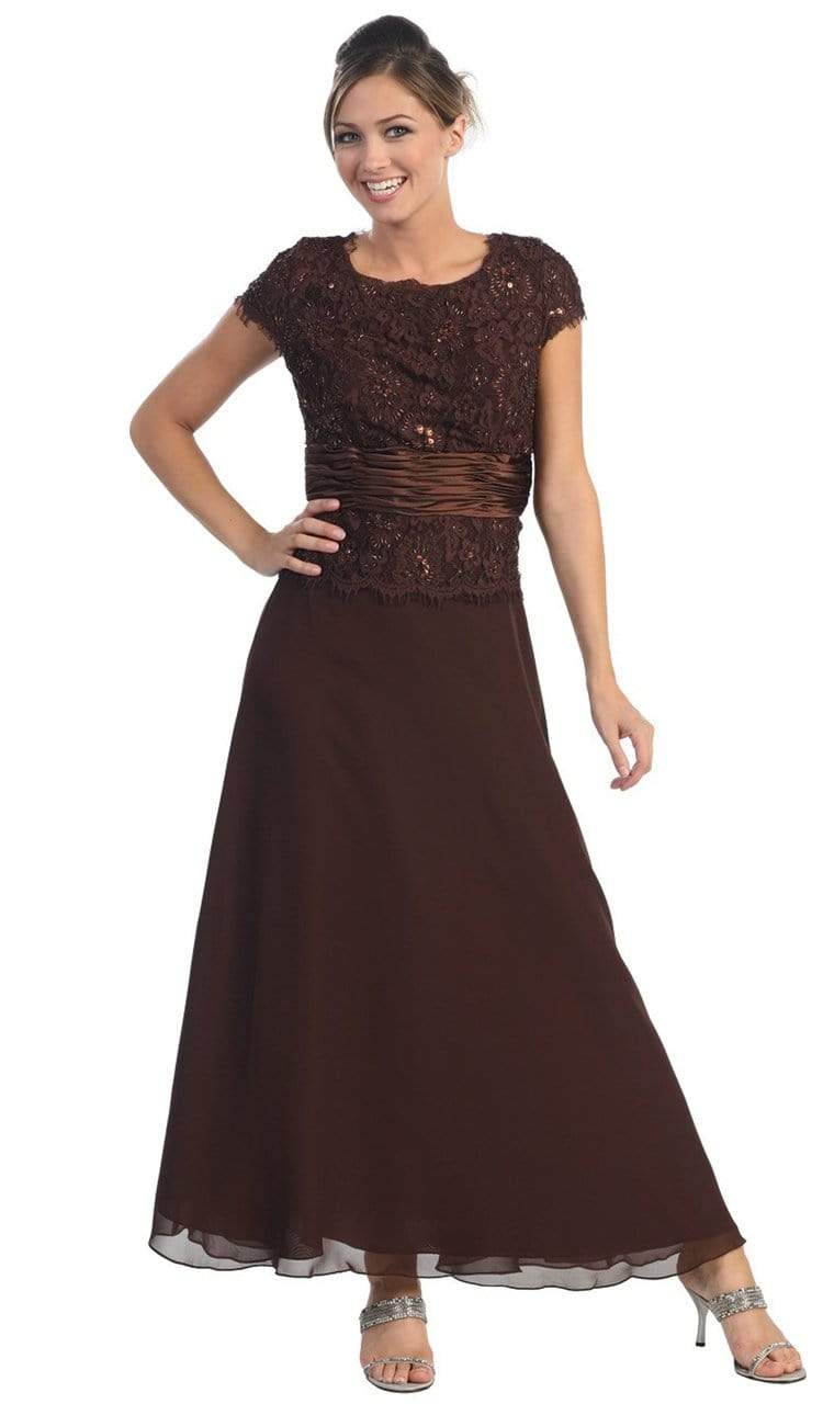 May Queen - MQ571 Chiffon Lace and Satin Long Formal Gown Mother of the Bride Dresses M / Brown