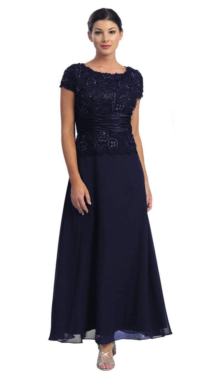 May Queen - MQ571 Chiffon Lace and Satin Long Formal Gown Mother of the Bride Dresses M / Navy