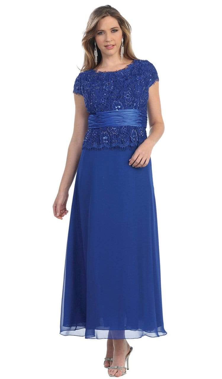May Queen - MQ571 Chiffon Lace and Satin Long Formal Gown Mother of the Bride Dresses M / Royal-Blue