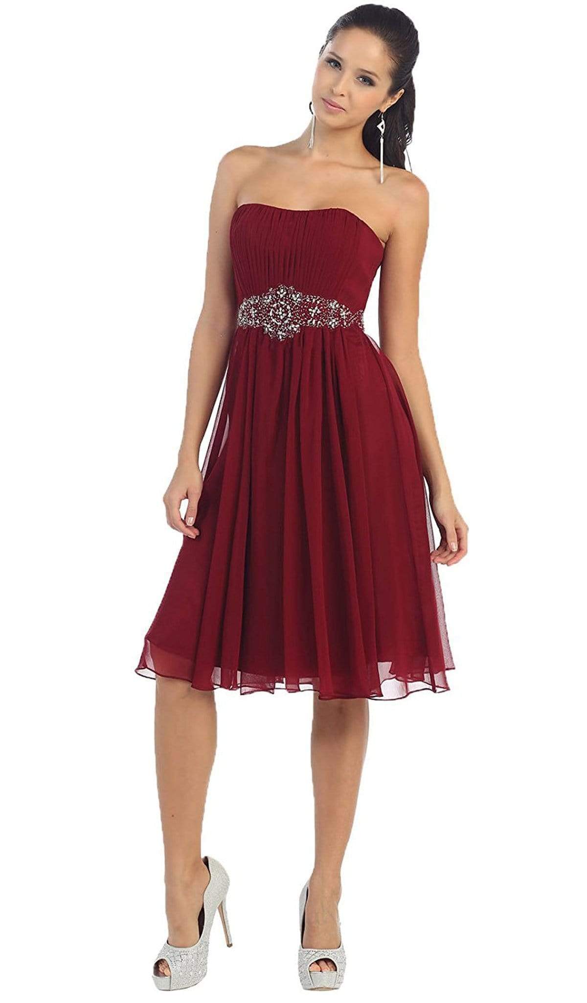 May Queen - MQ711B Pleated Sweetheart Bejeweled Waist Cocktail Dress Special Occasion Dress 22 / Burgundy