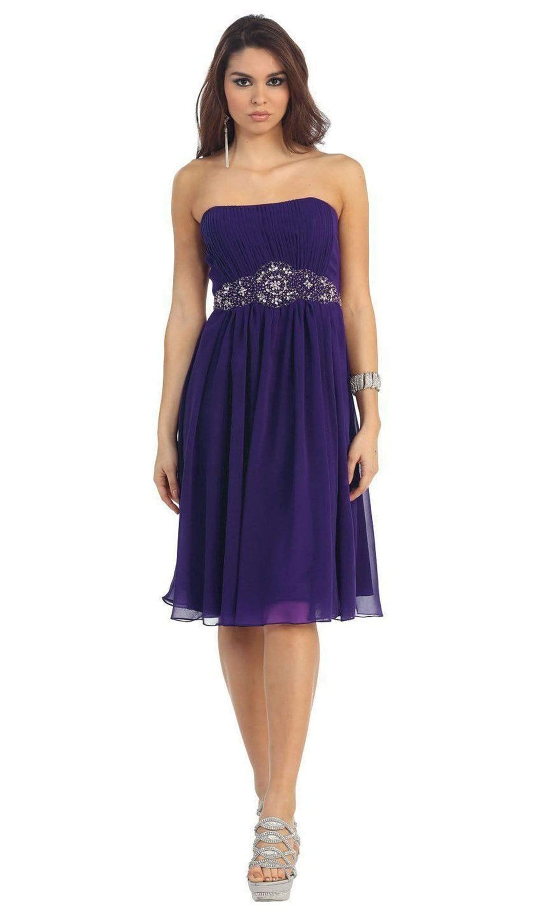 May Queen - MQ711B Pleated Sweetheart Bejeweled Waist Cocktail Dress Special Occasion Dress 22 / Eggplant