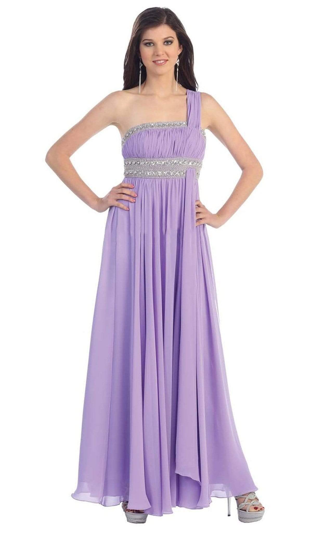 May Queen - MQ748B One Shoulder Strap Empire Chiffon Evening Gown Special Occasion Dress 22 / Lilac