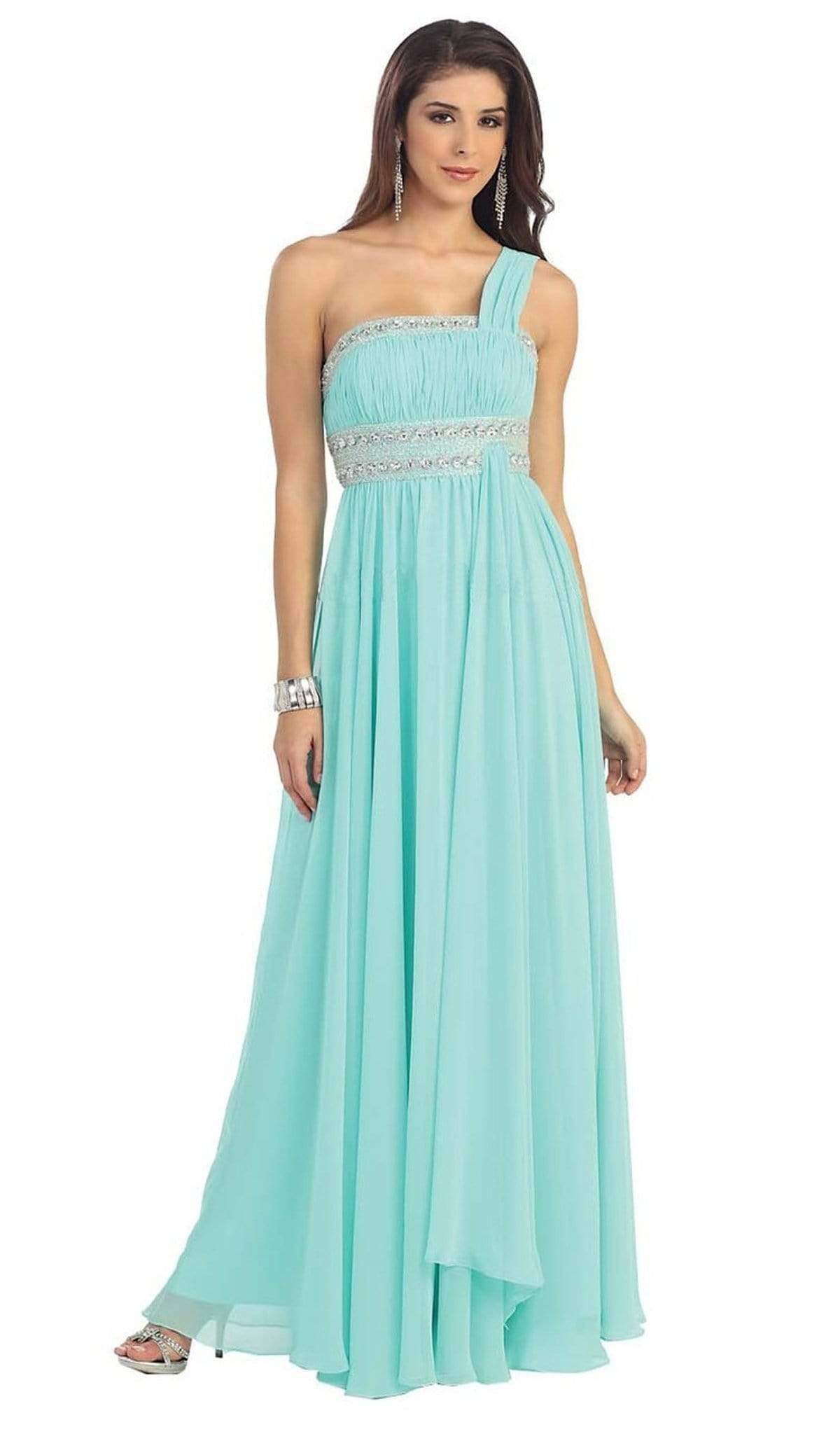 May Queen - MQ748B One Shoulder Strap Empire Chiffon Evening Gown Special Occasion Dress 22 / Spearmint