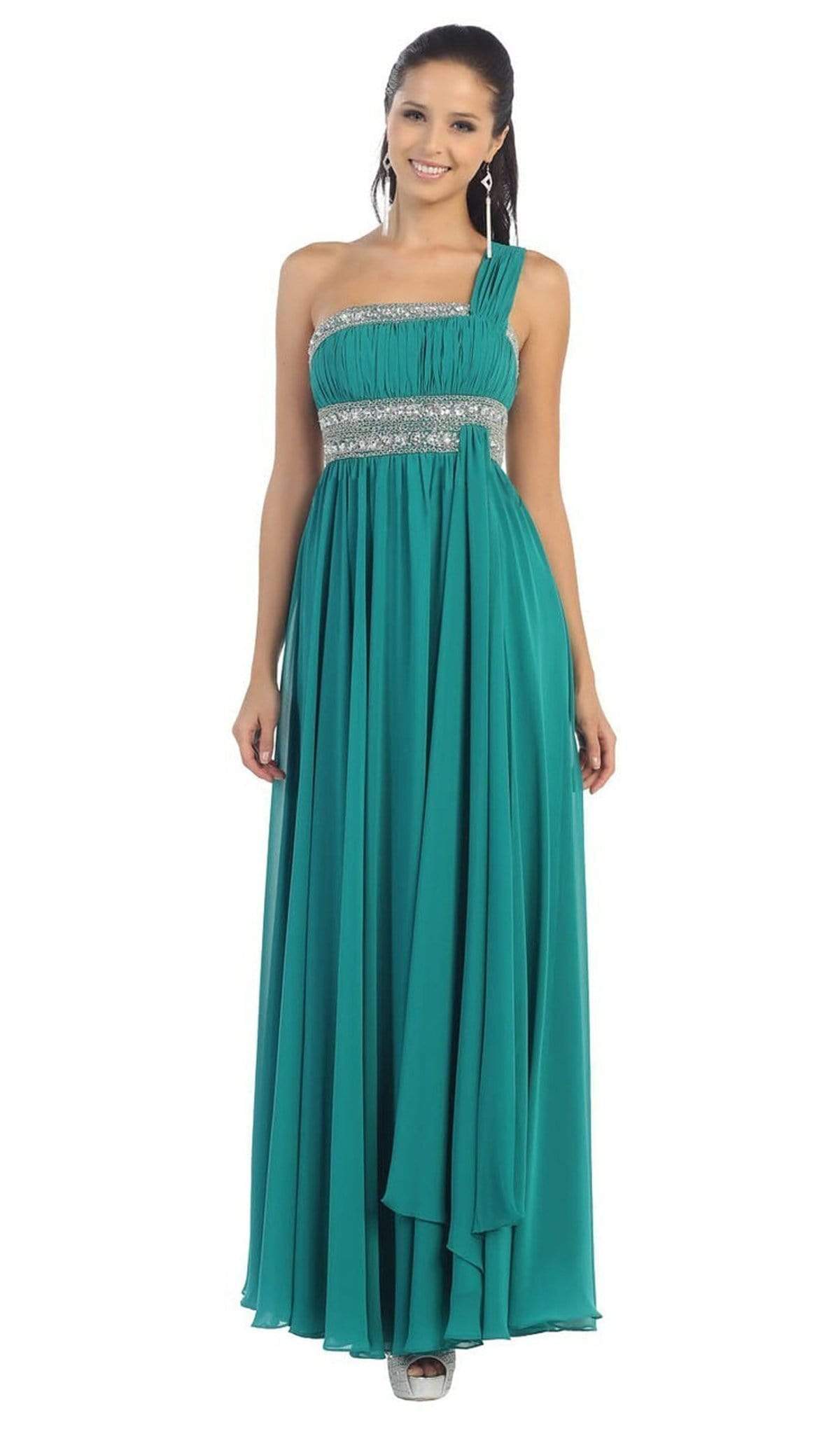 May Queen - MQ748B One Shoulder Strap Empire Chiffon Evening Gown Special Occasion Dress 22 / Teal