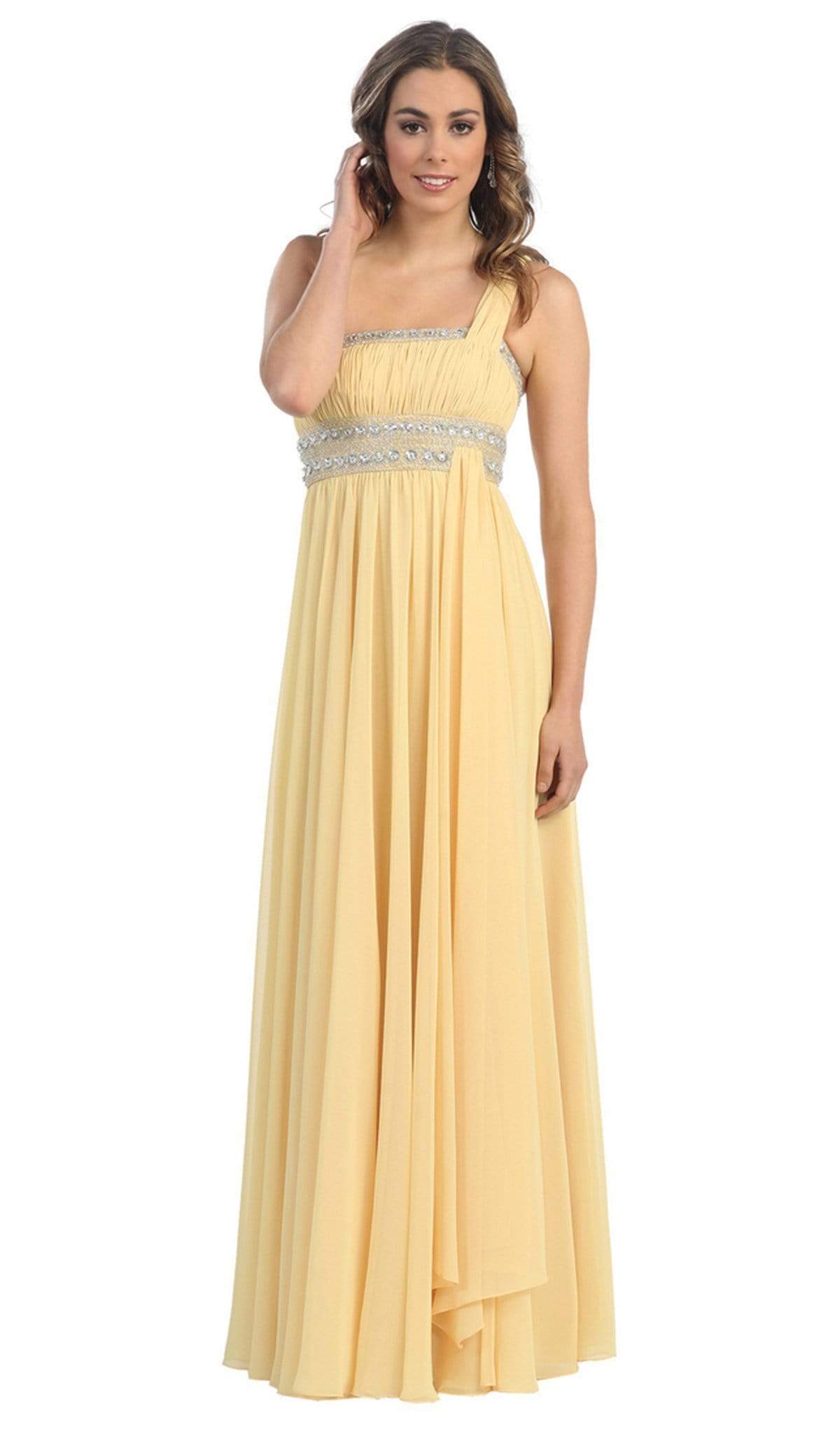 May Queen - MQ748B One Shoulder Strap Empire Chiffon Evening Gown Special Occasion Dress 22 / Yellow