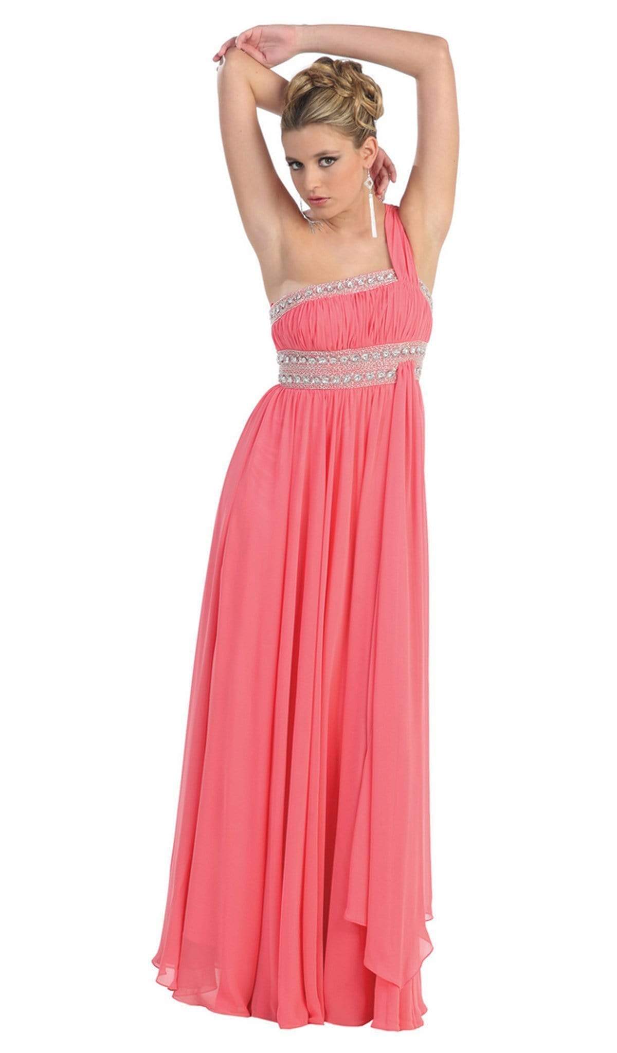 May Queen - MQ748B One Shoulder Strap Empire Chiffon Evening Gown Special Occasion Dress