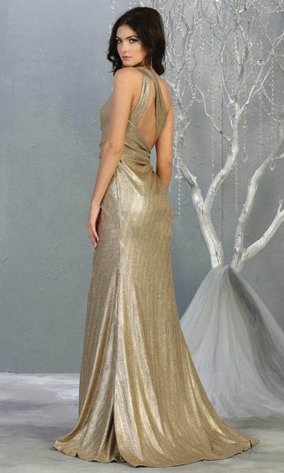 May Queen - RQ7853SC Ruched Asymmetric Slit Glittered Dress In Gold