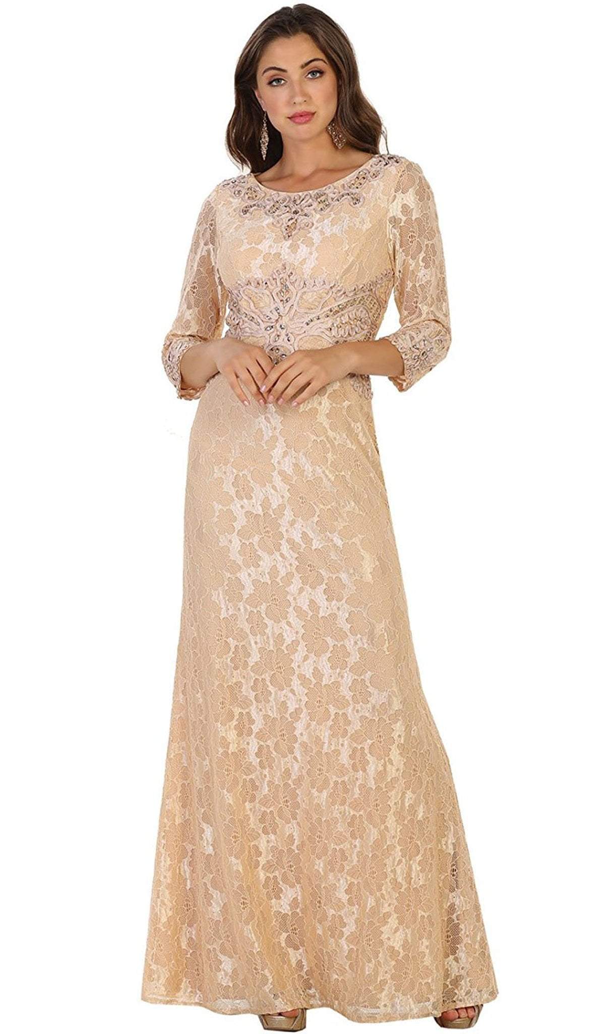 May Queen - Quarter Length Sleeve Lace Evening Dress Special Occasion Dress M / Champagne