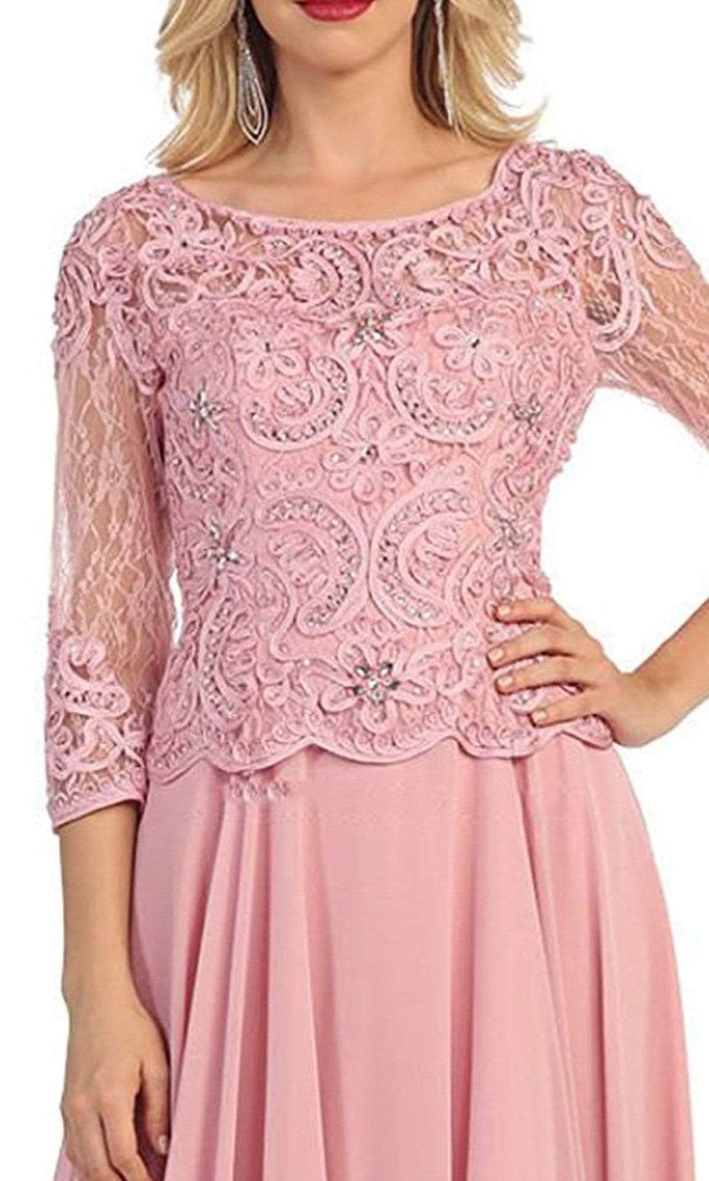 May Queen - MQ1279SC Embroidered Chiffon Peplum A-line Gown In Pink