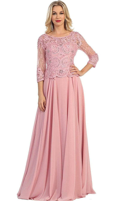 May Queen - MQ1279SC Embroidered Chiffon Peplum A-line Gown In Pink