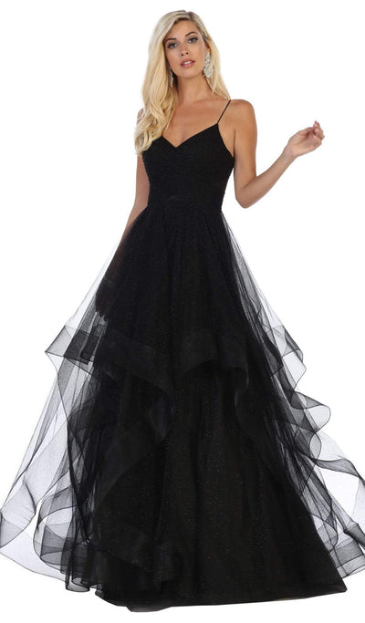 May Queen - RQ-7658 Ruched Surplice Asymmetrical Hemmed Dress Special Occasion Dress 4 / Black