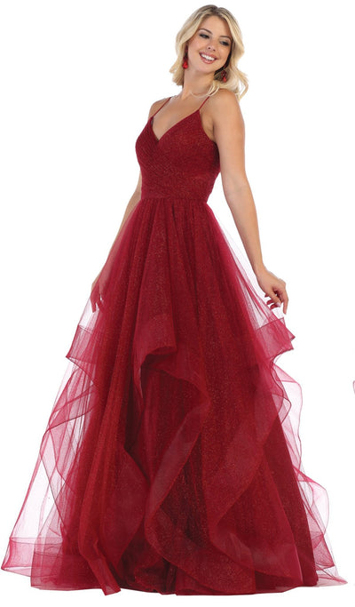 May Queen - RQ-7658 Ruched Surplice Asymmetrical Hemmed Dress Special Occasion Dress 4 / Burgundy
