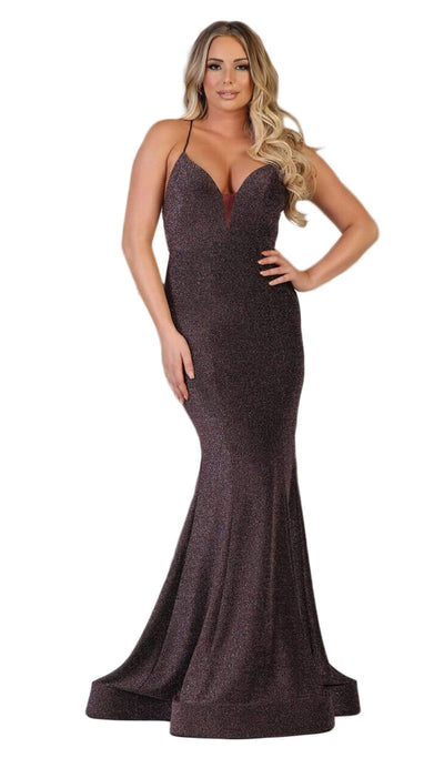 May Queen - RQ-7756 Deep V-neck Long Trumpet Dress Evening Dresses 4 / Burg/Multi