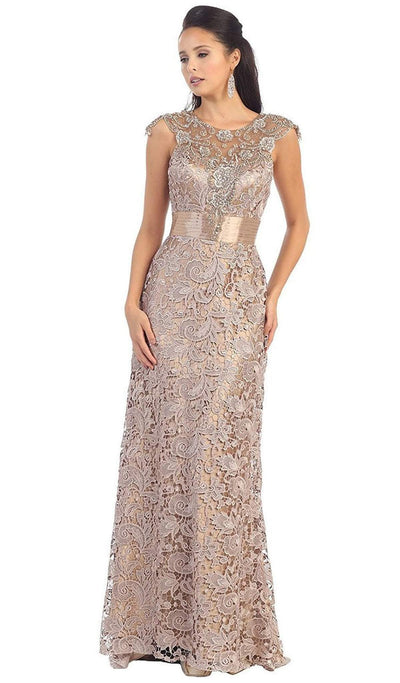 May Queen - RQ7182 Rhinestone Lace Floral Evening Gown Special Occasion Dress 6 / Champagne