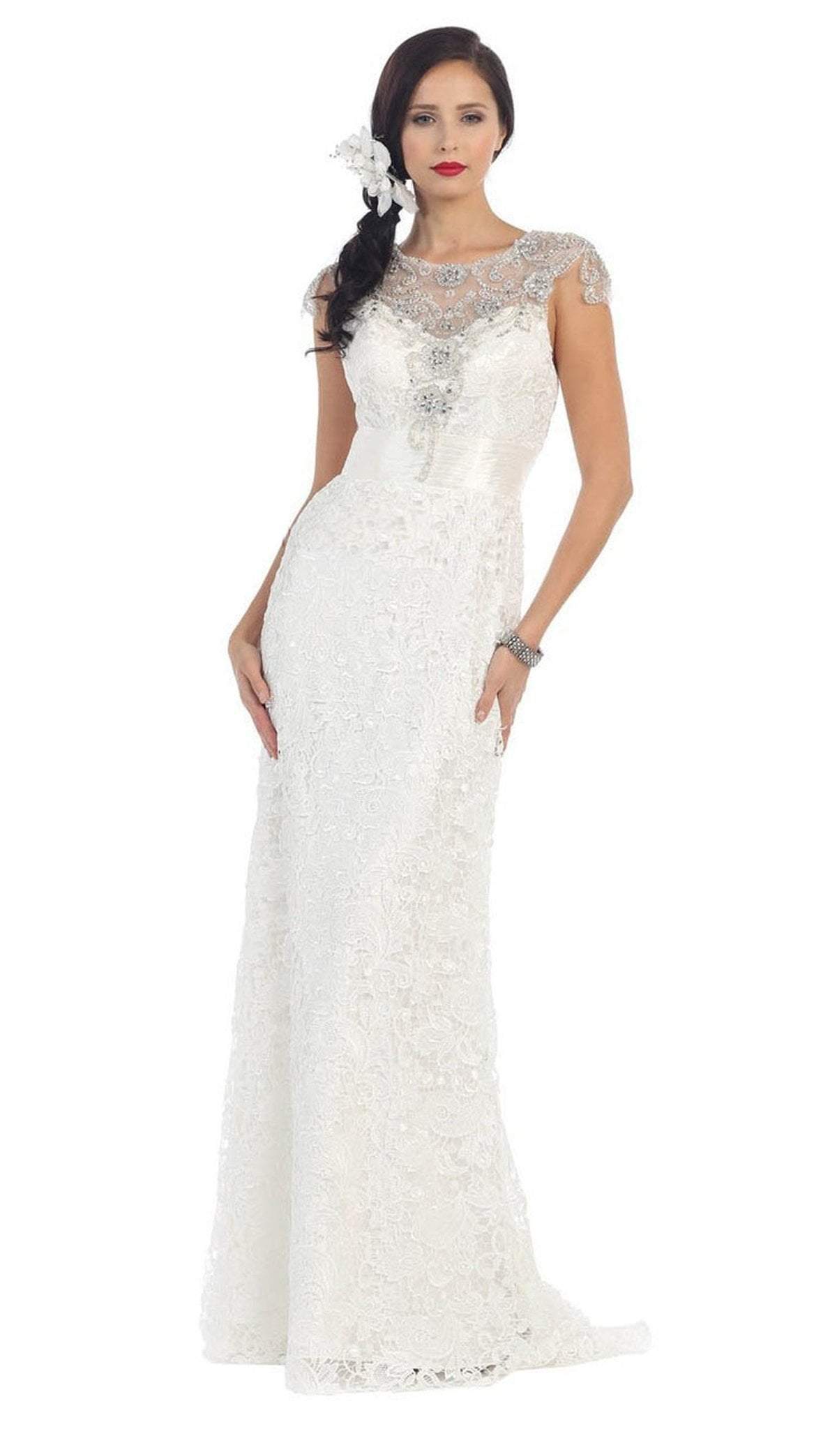 May Queen - RQ7182 Rhinestone Lace Floral Evening Gown Special Occasion Dress 6 / Ivory