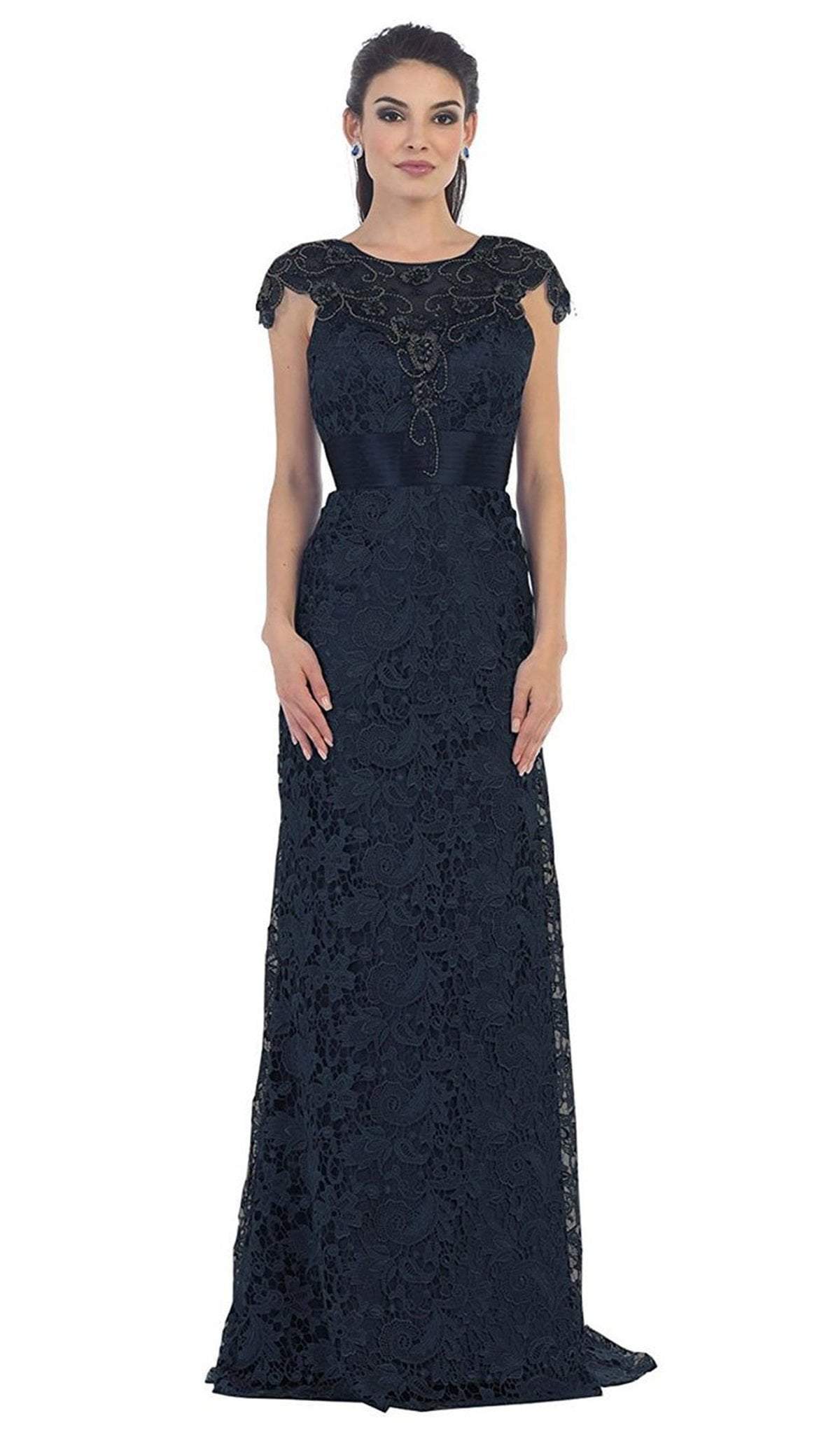 May Queen - RQ7182 Rhinestone Lace Floral Evening Gown Special Occasion Dress 6 / Navy
