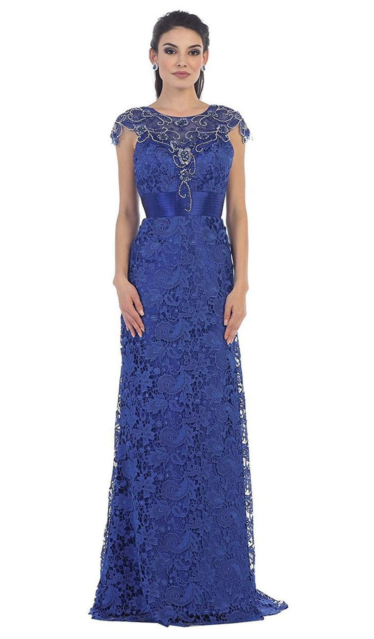 May Queen - RQ7182 Rhinestone Lace Floral Evening Gown Special Occasion Dress 6 / Royal-Blue