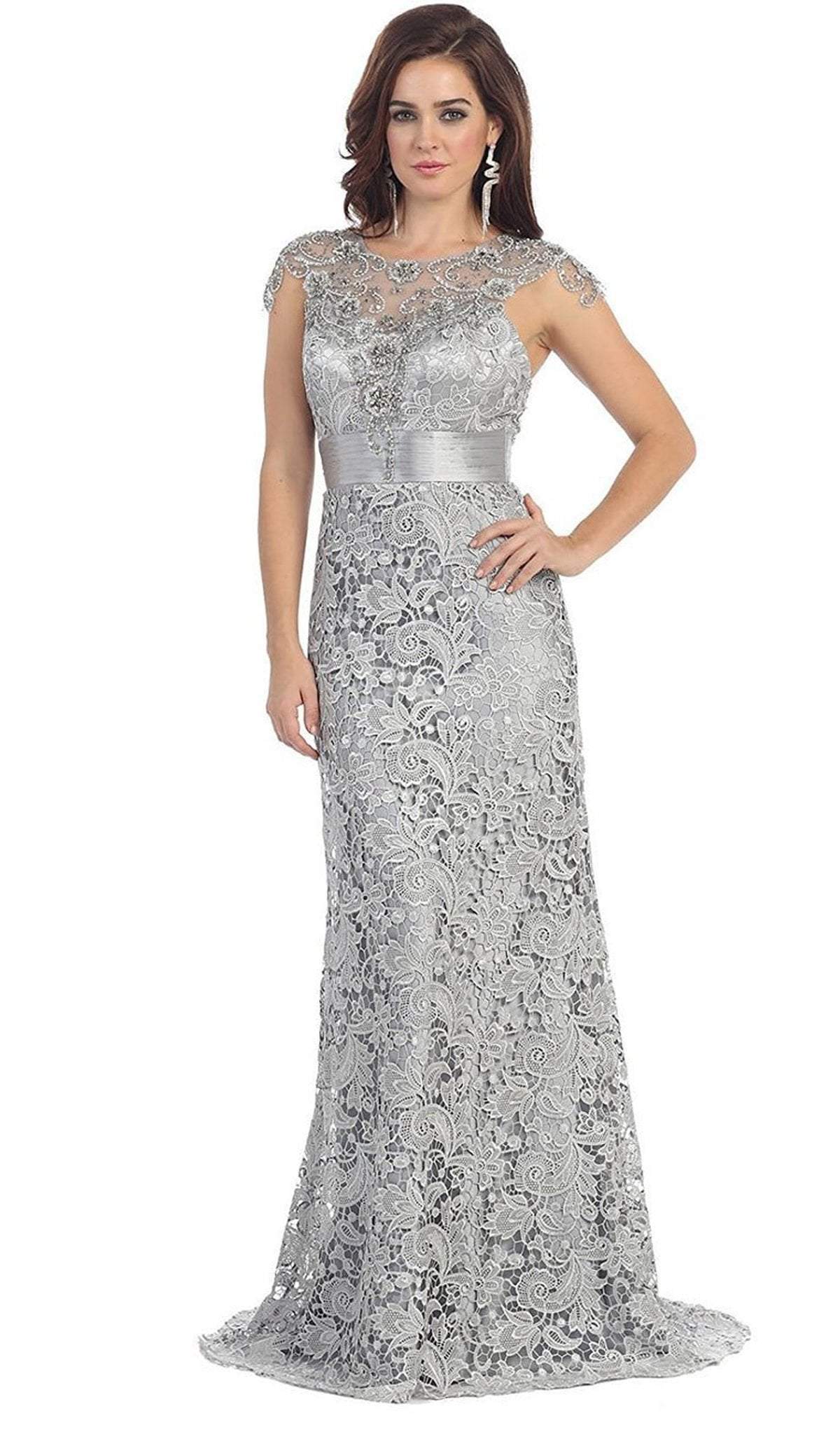 May Queen - RQ7182 Rhinestone Lace Floral Evening Gown Special Occasion Dress 6 / Silver
