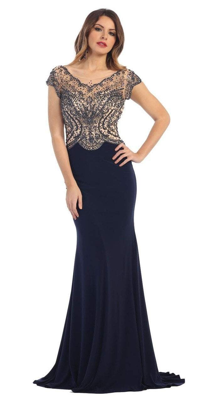 May Queen RQ7310 Illusion Embellished Bodice with Cap Sleeve Sheath Dress - 1 pc Black in Size 6 Available CCSALE 6 / Black
