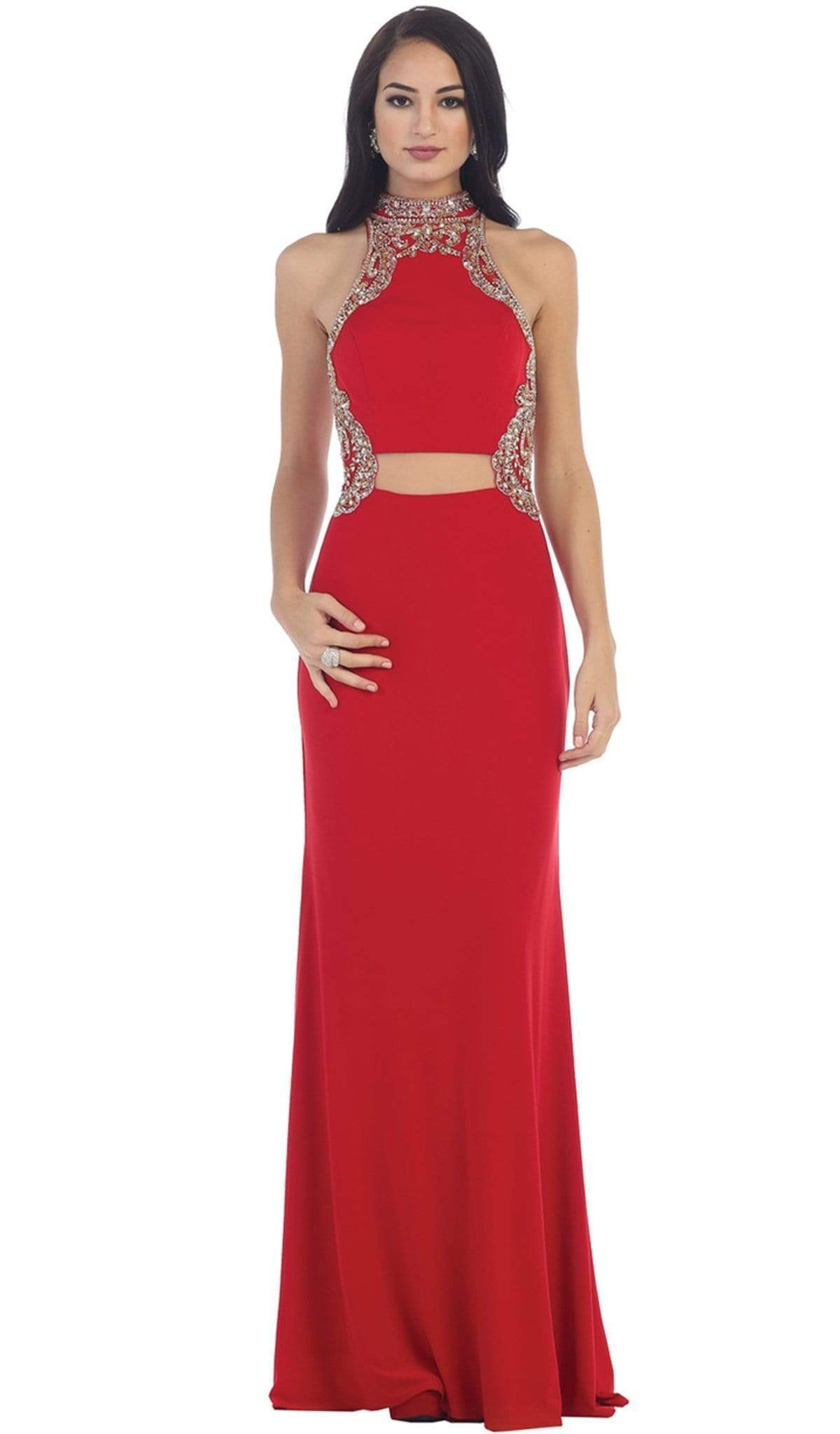 May Queen - RQ7422 Elegant High Neck Long Dress Special Occasion Dress 2 / Red