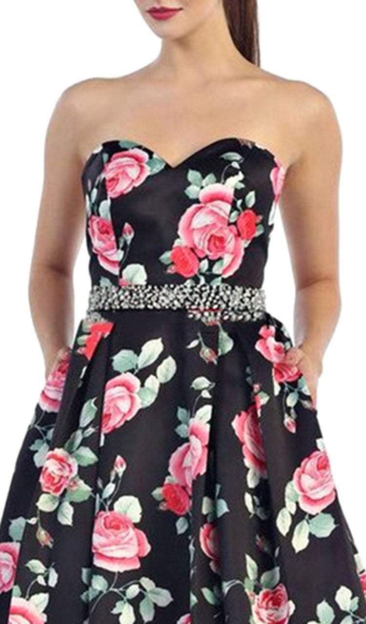 May Queen RQ7425 Strapless with Rhinestone Waistband Floral Print Ball Gown - 1 pc Black/Print In Size 12 Available CCSALE 12 / Black/Print