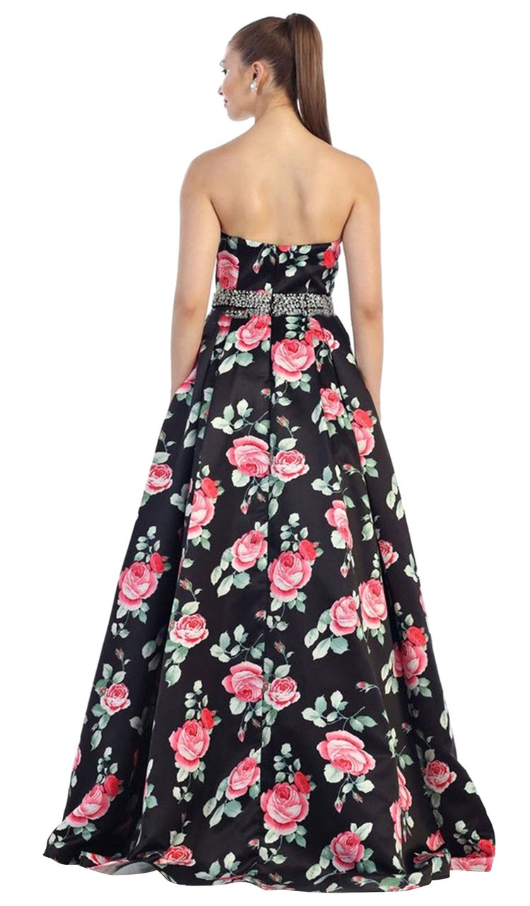 May Queen RQ7425 Strapless with Rhinestone Waistband Floral Print Ball Gown - 1 pc Black/Print In Size 12 Available CCSALE 12 / Black/Print