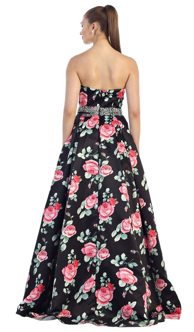 May Queen RQ7425 Strapless with Rhinestone Waistband Floral Print Ball Gown - 1 pc Black/Print In Size 12 Available CCSALE 12 / Black/Print