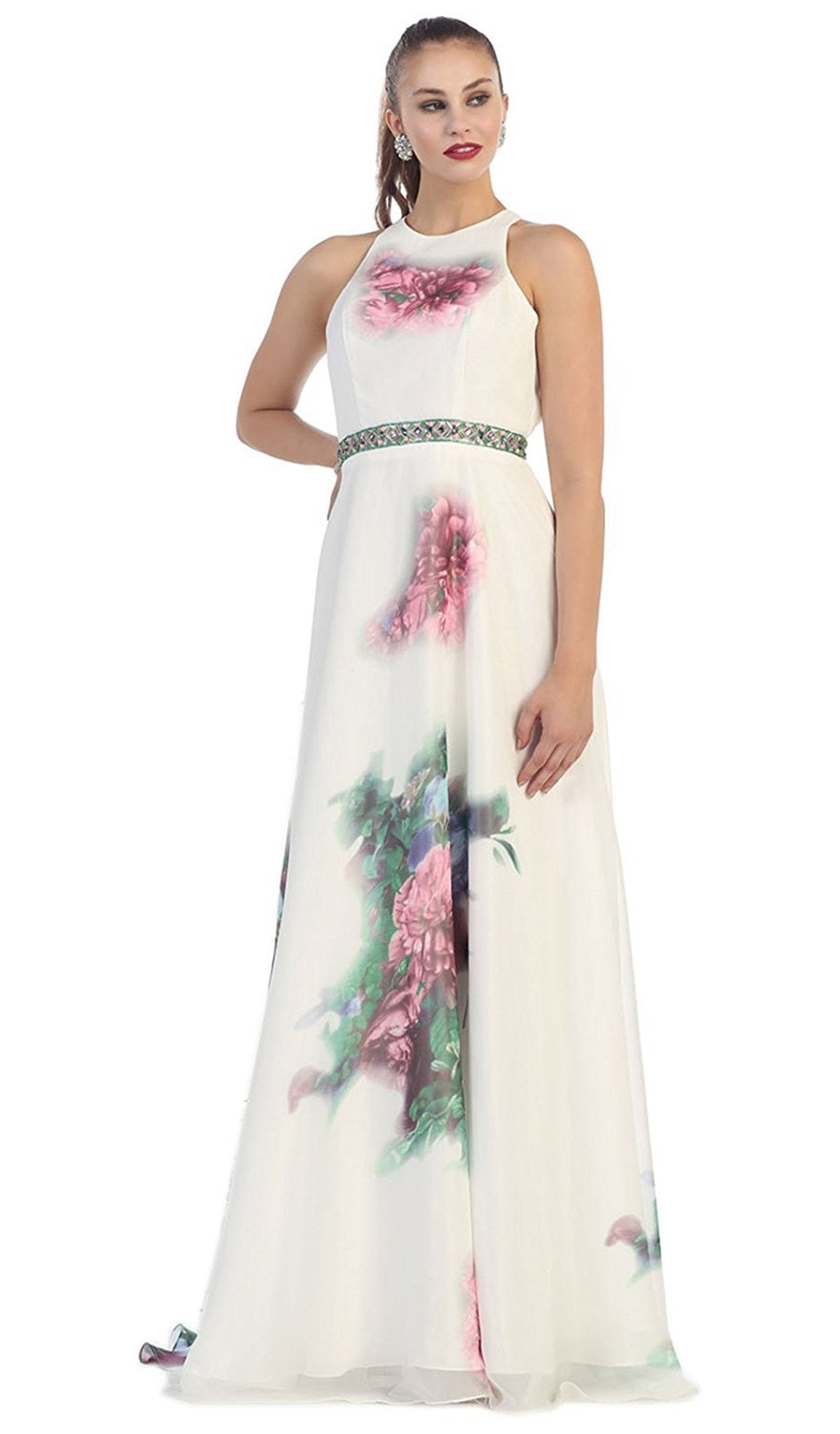 May Queen - RQ7427 Sleeveless Printed Chiffon Long Evening Dress Special Occasion Dress 2 / Ivory/Multi