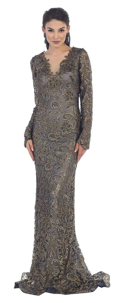 May Queen RQ7477 Scalloped with Long Sleeves Embellished Lace Gown - 1 pc Burgundy/Gold in Size 2XL Available CCSALE