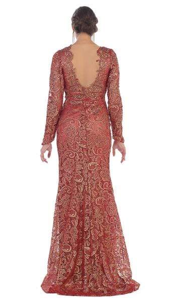 May Queen RQ7477 Scalloped with Long Sleeves Embellished Lace Gown - 1 pc Burgundy/Gold in Size 2XL Available CCSALE