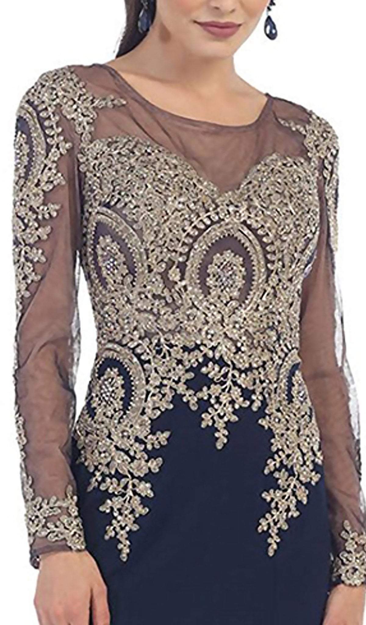 May Queen - RQ7479 Gold Lace Illusion Scoop Sheath Prom Dress Special Occasion Dress