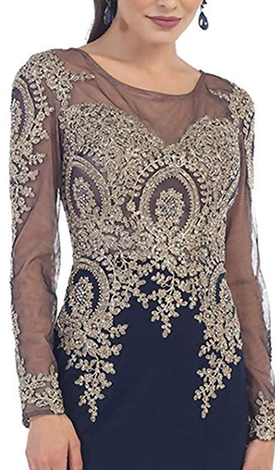 May Queen - RQ7479 Gold Lace Illusion Scoop Sheath Prom Dress Special Occasion Dress