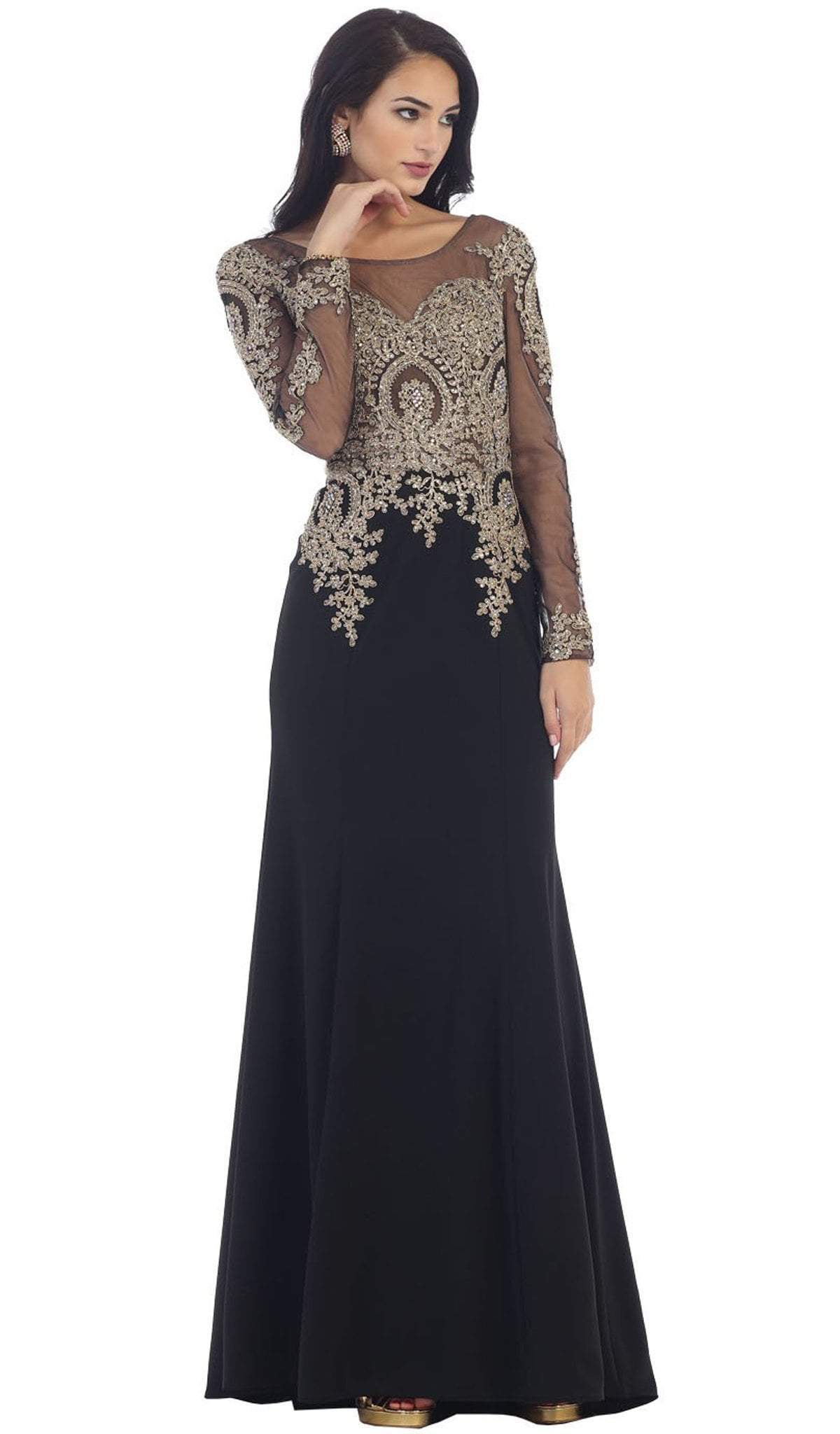 May Queen - RQ7479 Gold Lace Illusion Scoop Sheath Prom Dress Special Occasion Dress 4 / Black