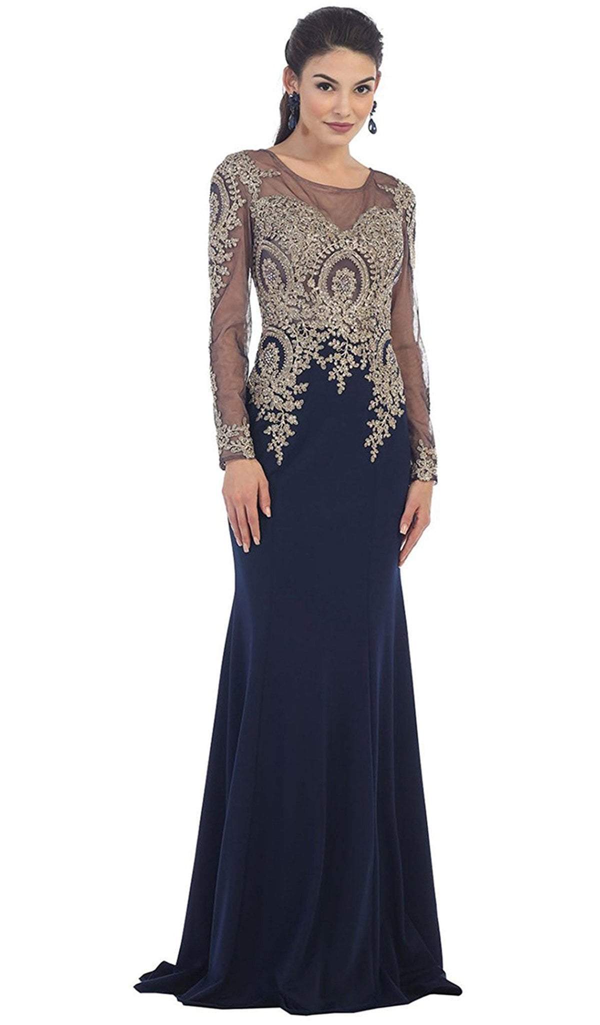 May Queen - RQ7479 Gold Lace Illusion Scoop Sheath Prom Dress Special Occasion Dress 4 / Navy